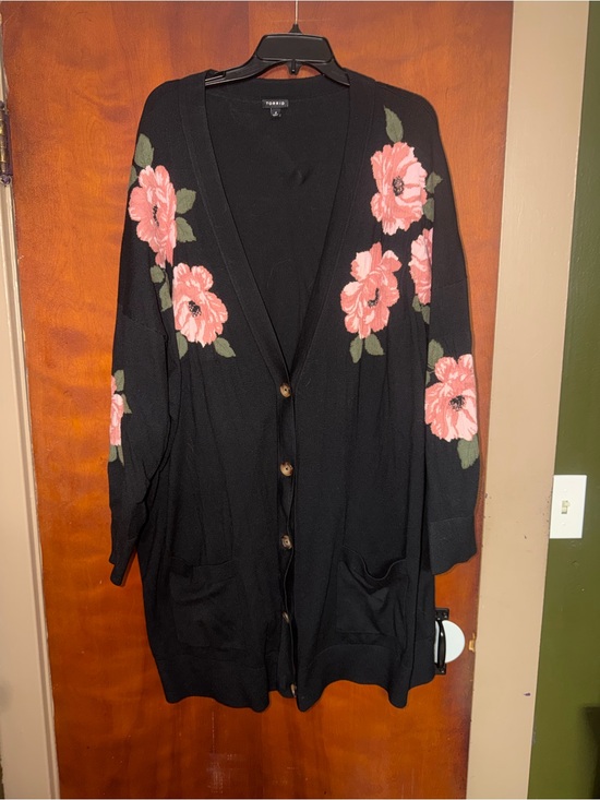 torrid Sweaters - torrid Black Cardigan with Pink Floral Embroidery